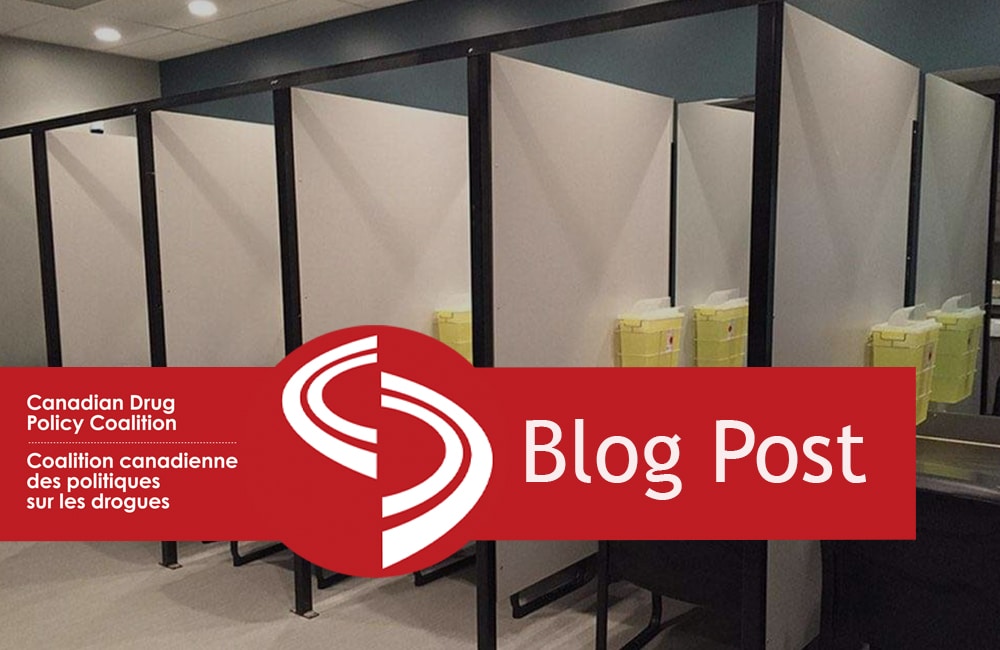 Stalls used for supervised consumption at Insite. Image overlain with a graphic banner reading "blog post"