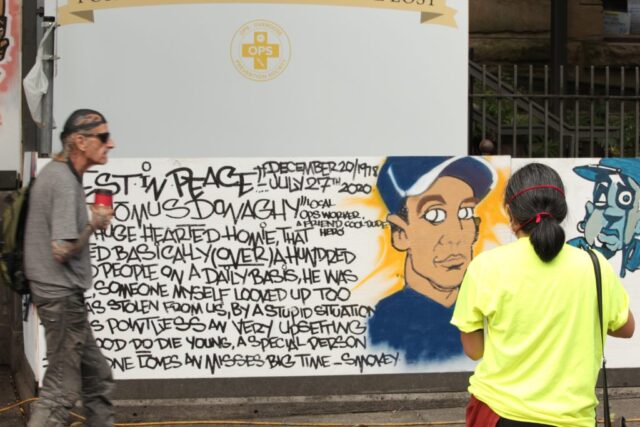International Overdose Awareness Day 2020 17 (DTES Rally) Billboard with a message in the Downtown Eastside during Interntional Overdose Awareness Day