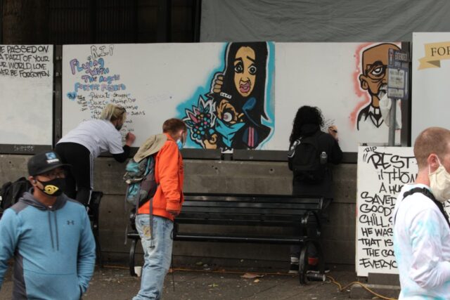 International Overdose Awareness Day 2020 16 (DTES Rally) People writing messages on a billboard