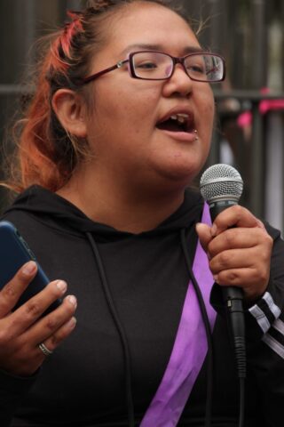 International Overdose Awareness Day 2020 10 (DTES Rally) Woman speaking to a crowd on a speaker