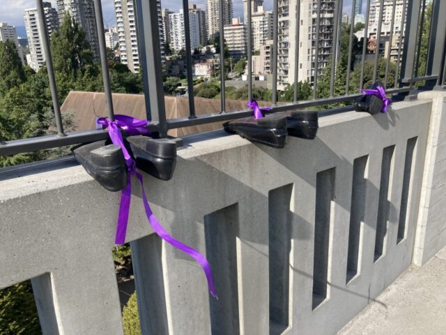 International Overdose Awareness Day 2020 2 (MSTH Bridge) Three pairs of shoes tied with a purple ribbon to the Burrard Street Bridge