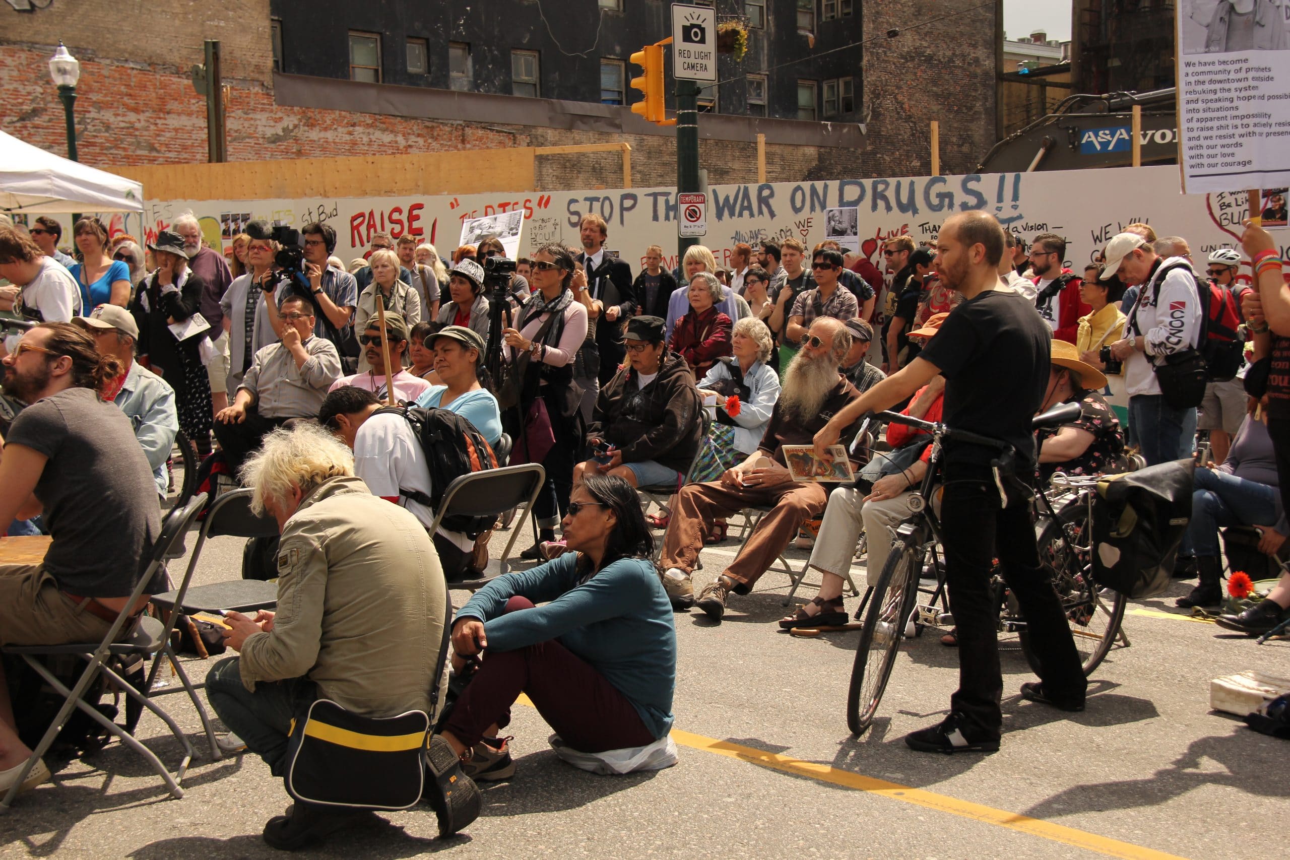 Crowds gathered in the Downtown Eastside