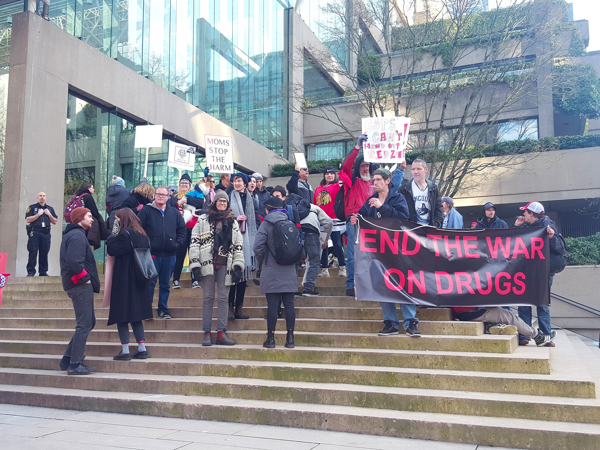 Protesters on the steps of BC Supreme Court during National Day of Action on the Overdose Crisis 2018